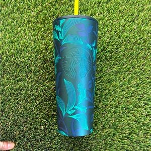Starbucks Matte Black Tumbler with Teal and Blue Floral Accents